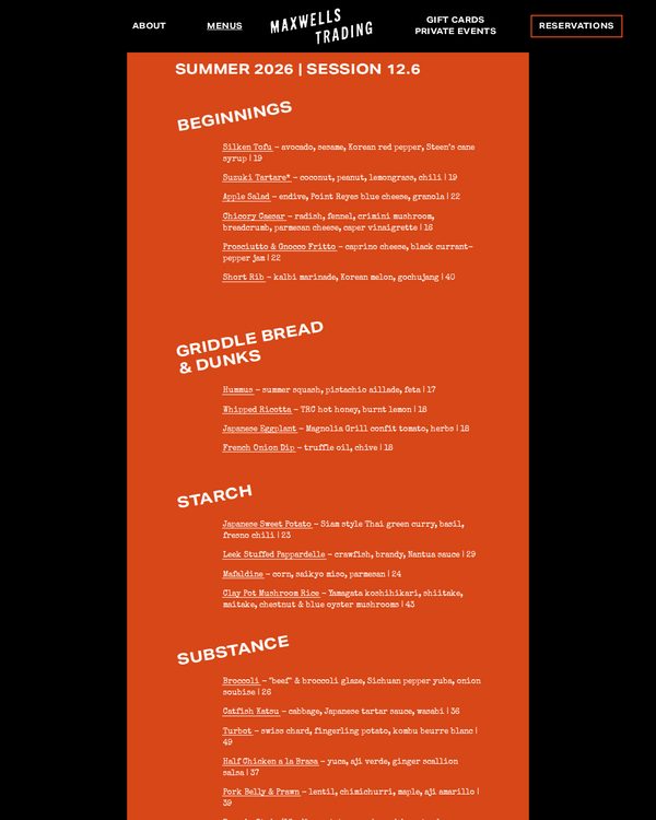 The top of the menu at Maxwells Trading