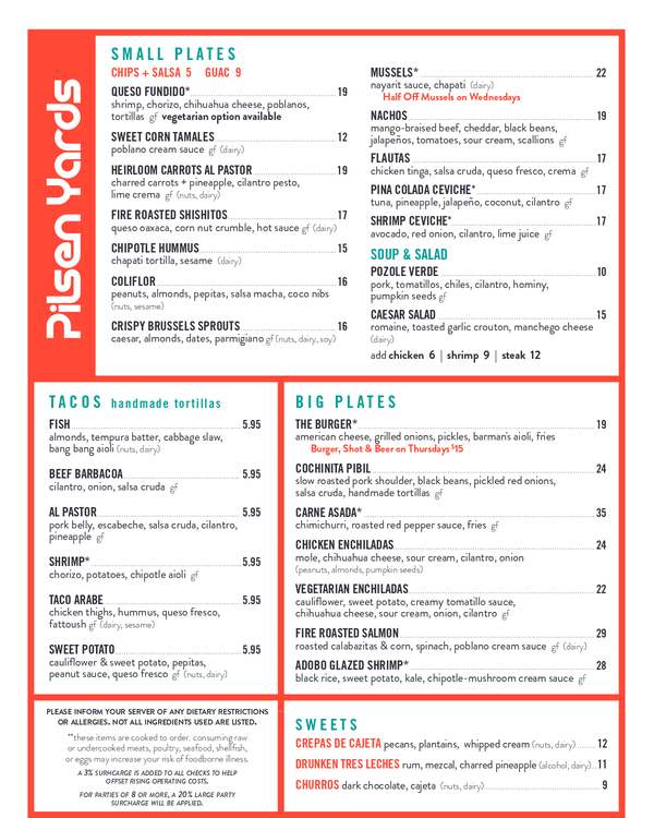 The first page of the menu at Pilsen Yards