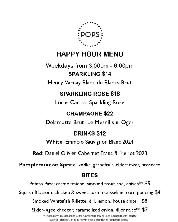 The first page of the menu at Pops For Champagne