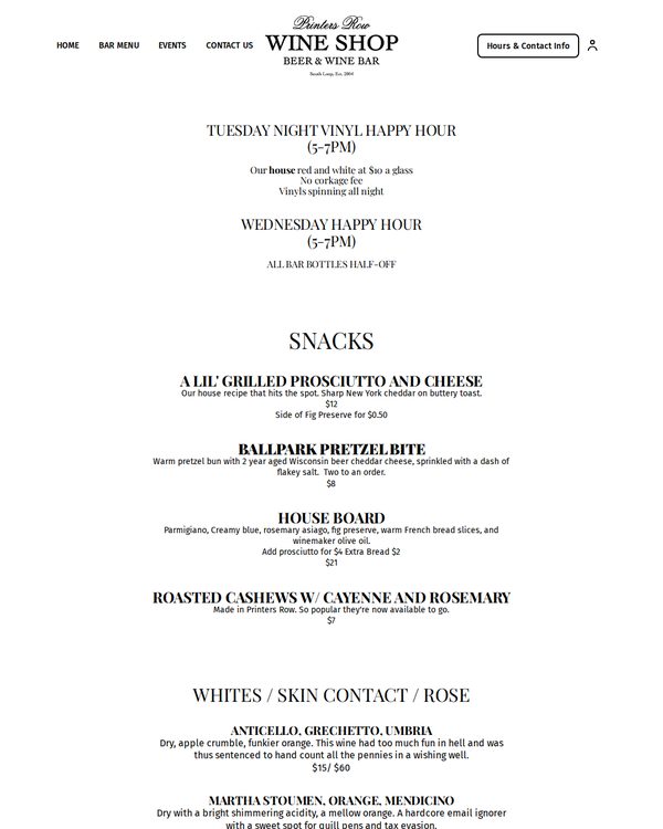 The top of the menu at Printers Row Wine Shop