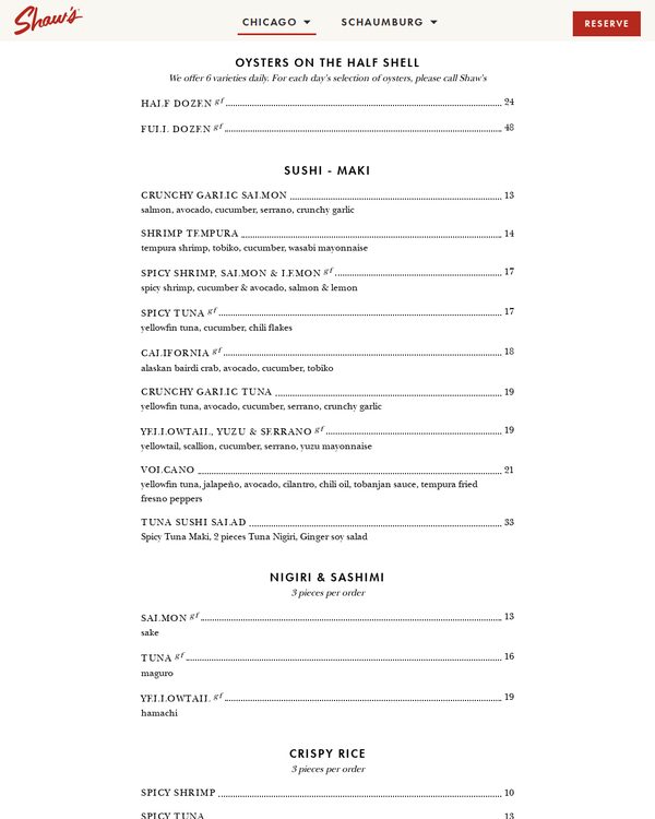 The top of the menu at Shaw's Crab House