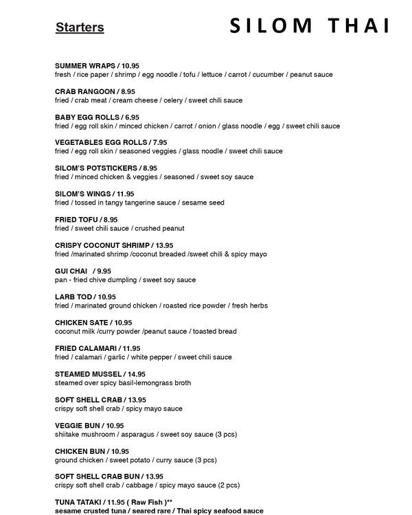 The first page of the menu at Silom 12