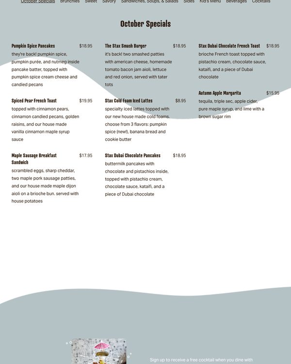 The top of the menu at Stax Cafe
