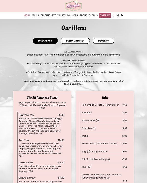 The top of the menu at Stussy's Diner
