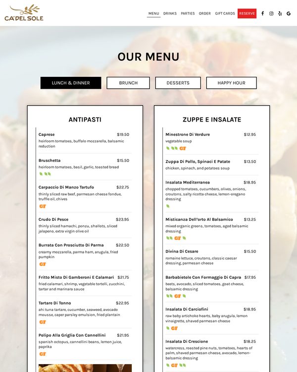 The top of the menu at Ca Del Sole