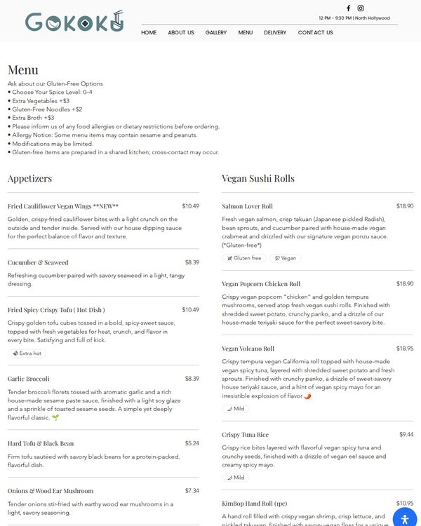 The top of the menu at Gokoku Vegetarian Ramen Shop