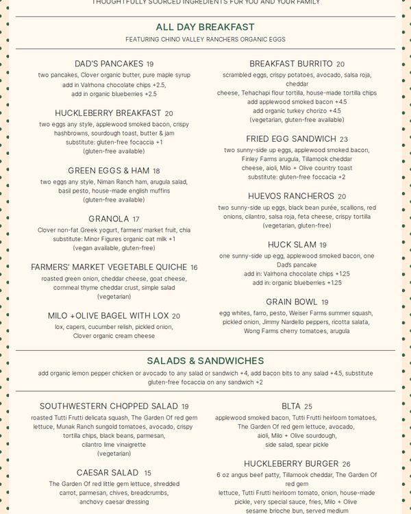 The top of the menu at Huckleberry Bakery & Cafe