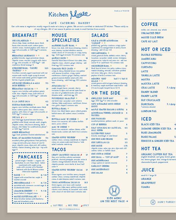 The first page of the menu at Kitchen Mouse Cafe