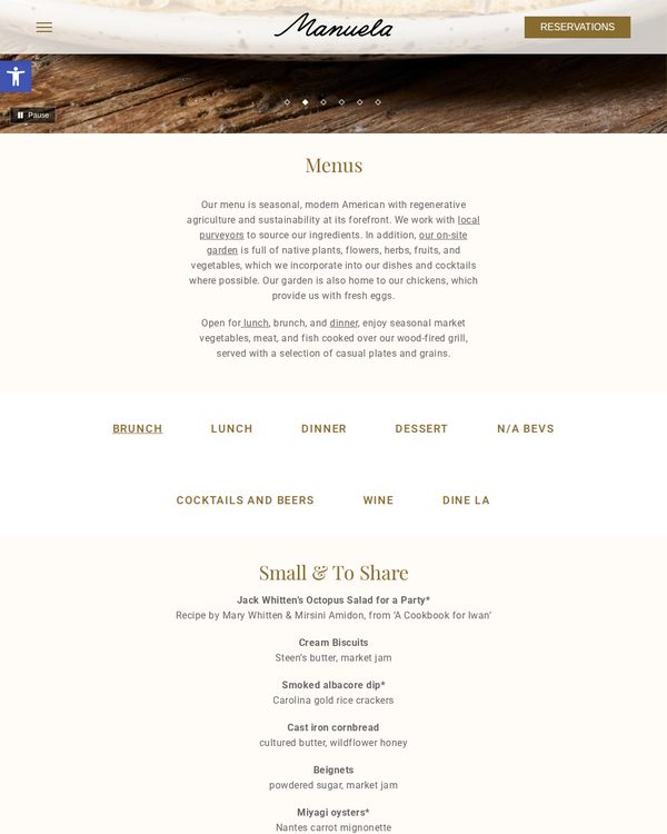 The top of the menu at Manuela