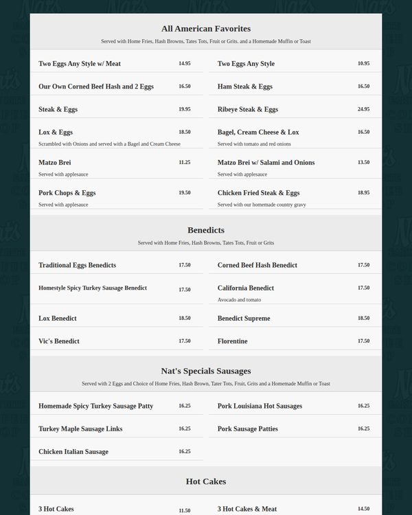 The top of the menu at Nat's Early Bite