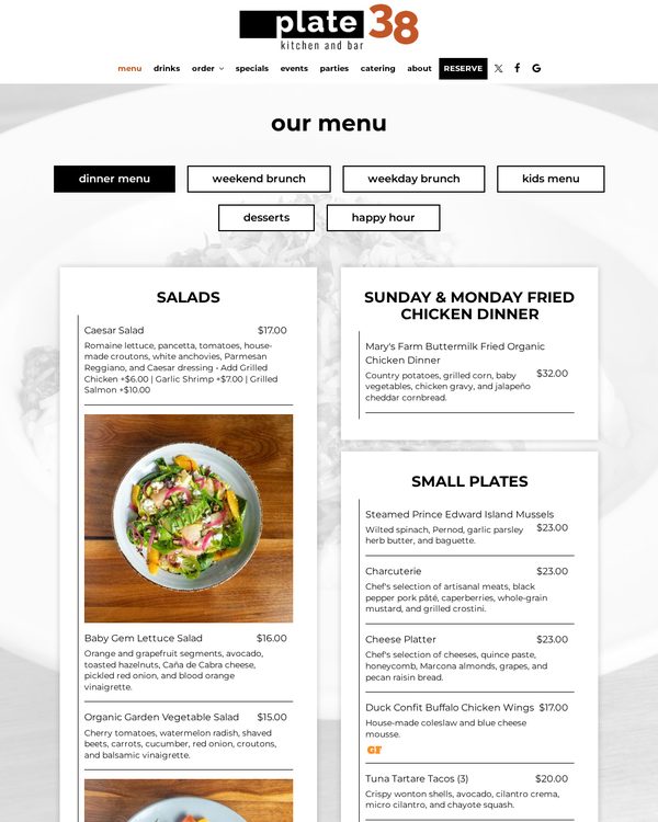 The top of the menu at Plate 38