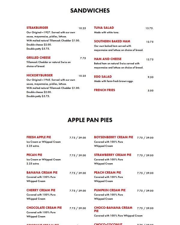 The top of the menu at The Apple Pan