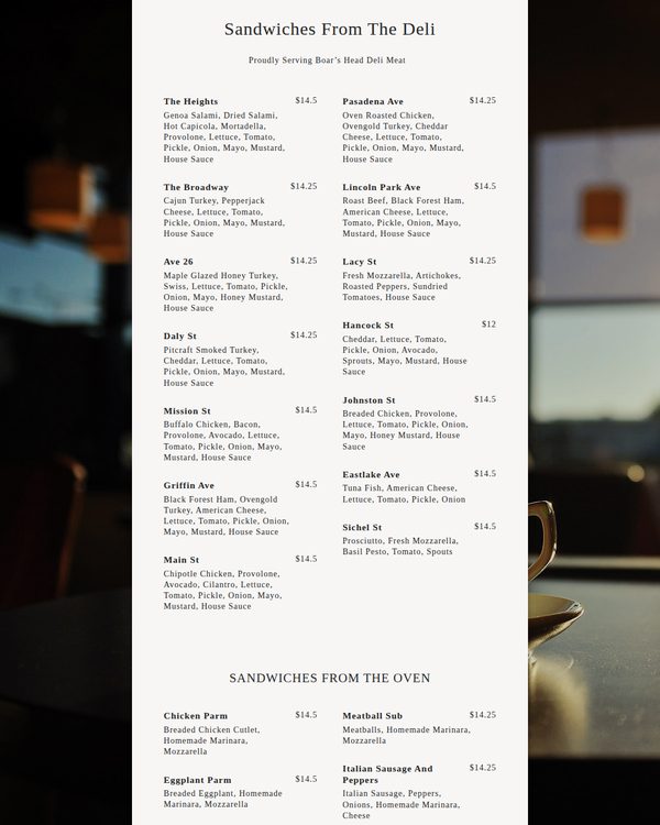 The top of the menu at The Heights Deli & Bottle Shop