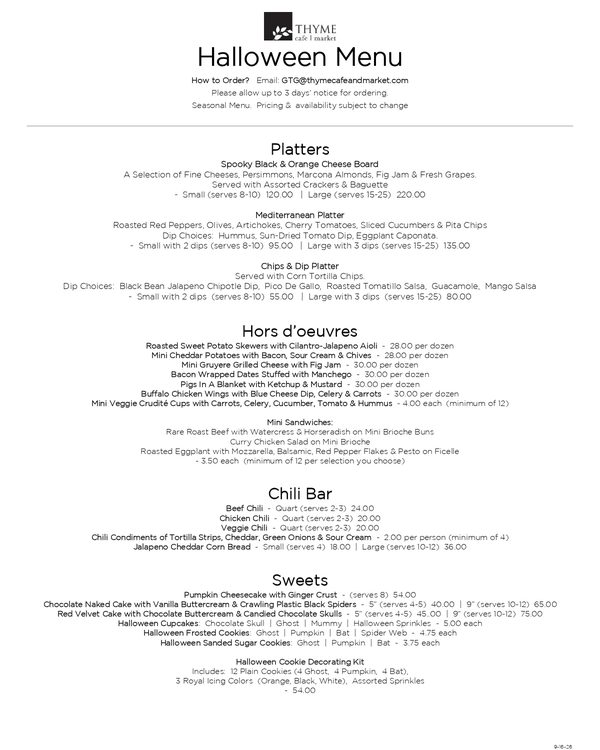 The first page of the menu at Thyme Cafe and Market