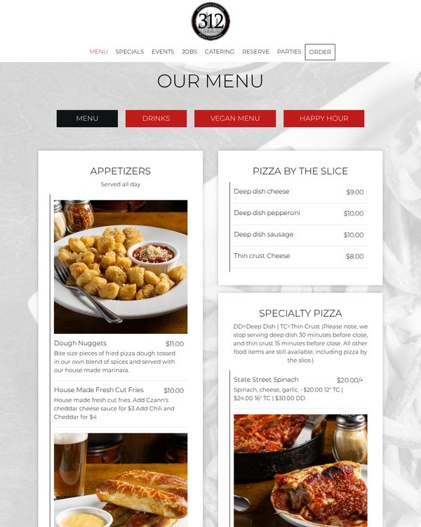 The top of the menu at 312 Pizza Company