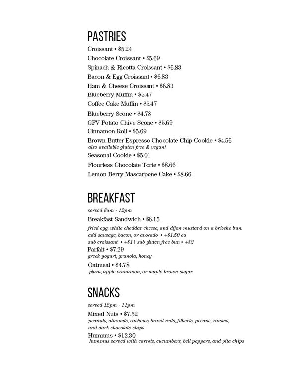 The first page of the menu at Americano Lounge
