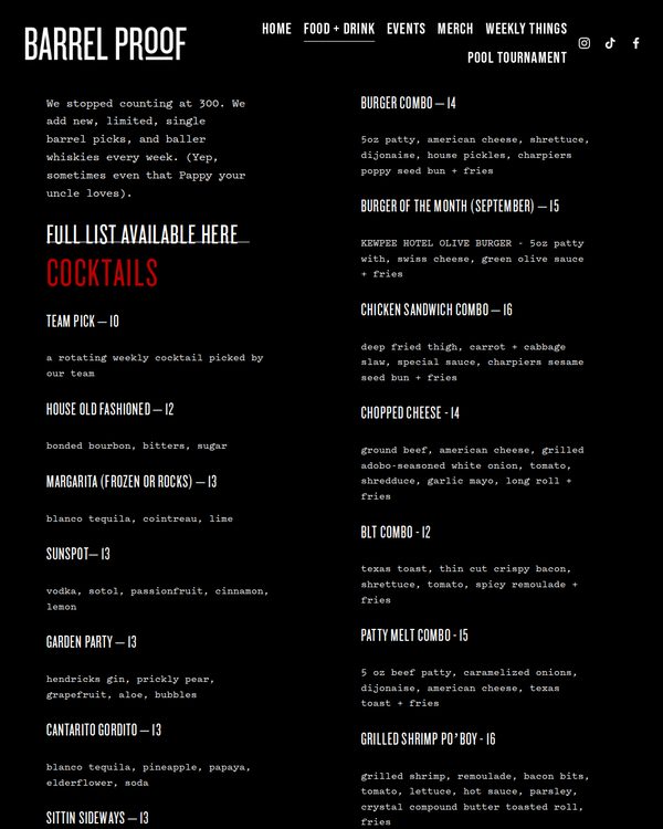 The top of the menu at Barrel Proof
