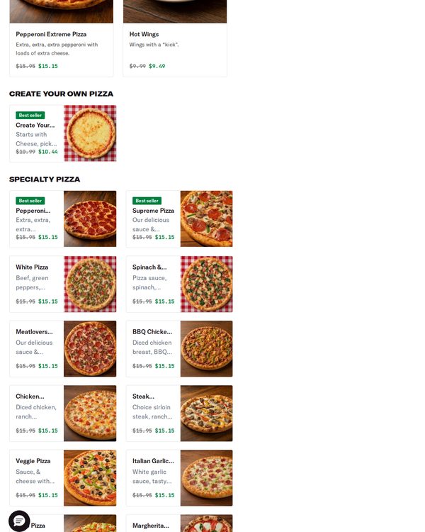 The top of the menu at Bellagio Pizza & Subs