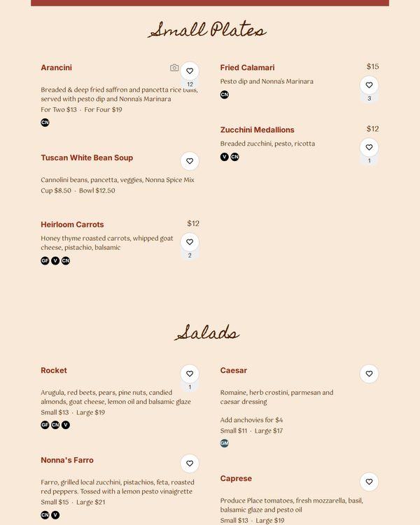The top of the menu at Caffe Nonna