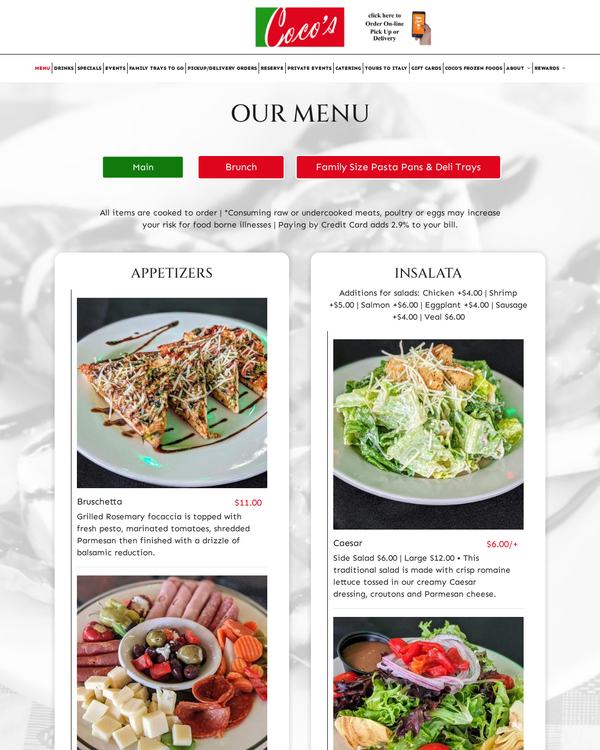 The top of the menu at Coco's Italian Market