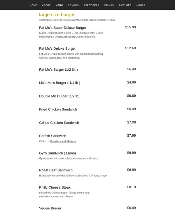 The top of the menu at Fat Mo's