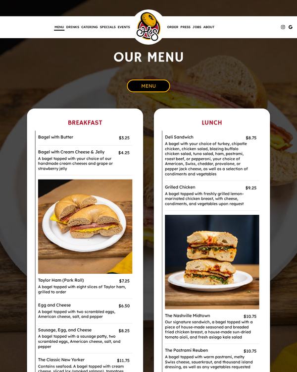 The top of the menu at H & S Bagels