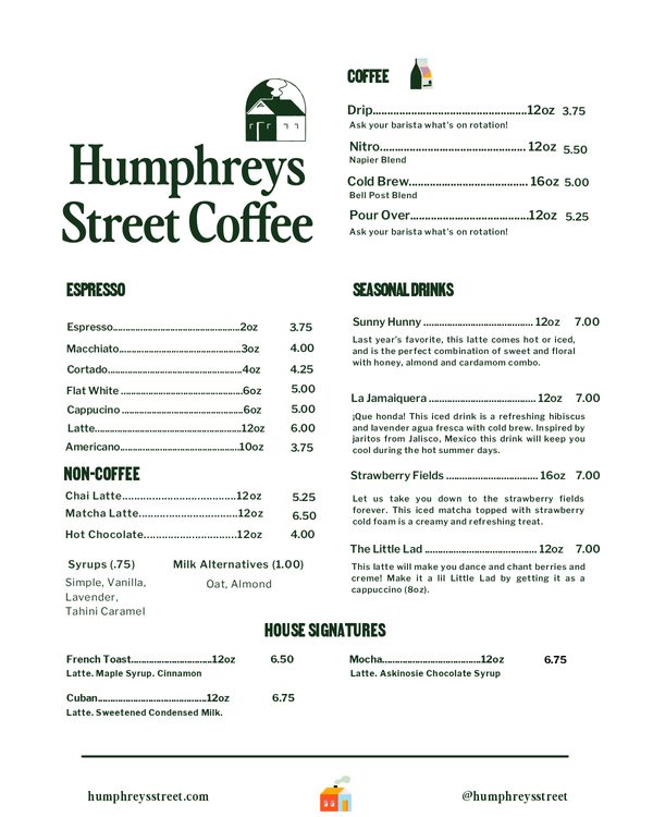 The first page of the menu at Humphreys Street Coffee