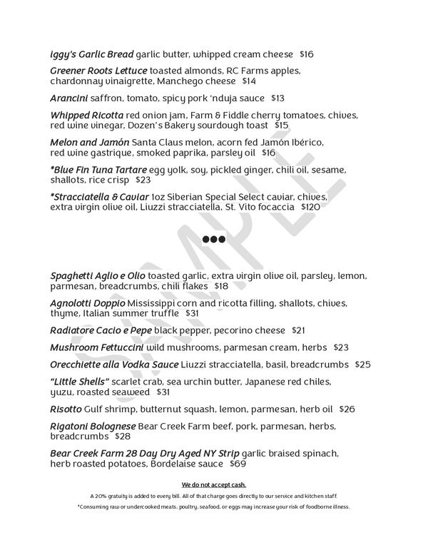 The first page of the menu at Iggy's