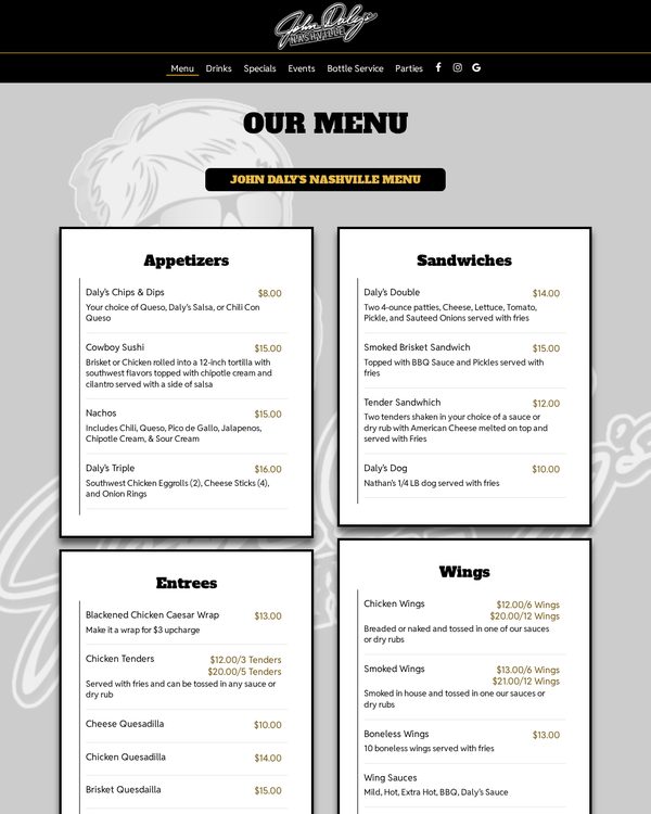 The top of the menu at John Daly's Nashville