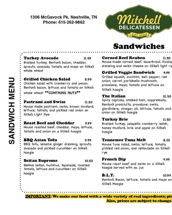The first page of the menu at Mitchell Delicatessen