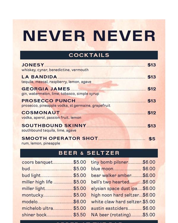 The first page of the menu at Never Never