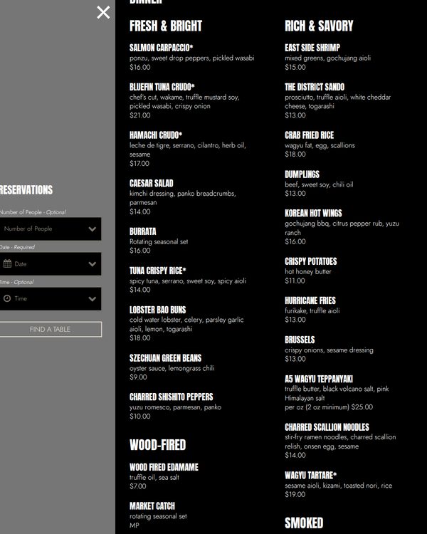 The top of the menu at Noko