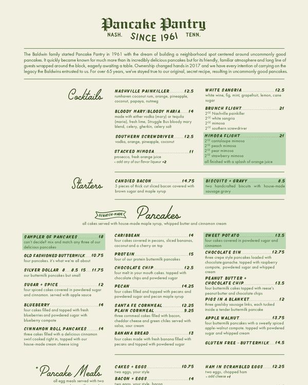 The first page of the menu at The Pancake Pantry