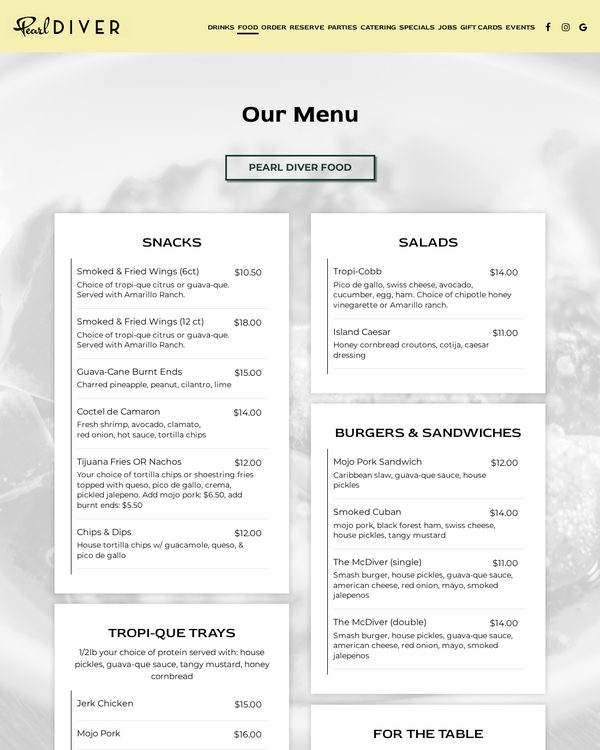 The top of the menu at Pearl Diver
