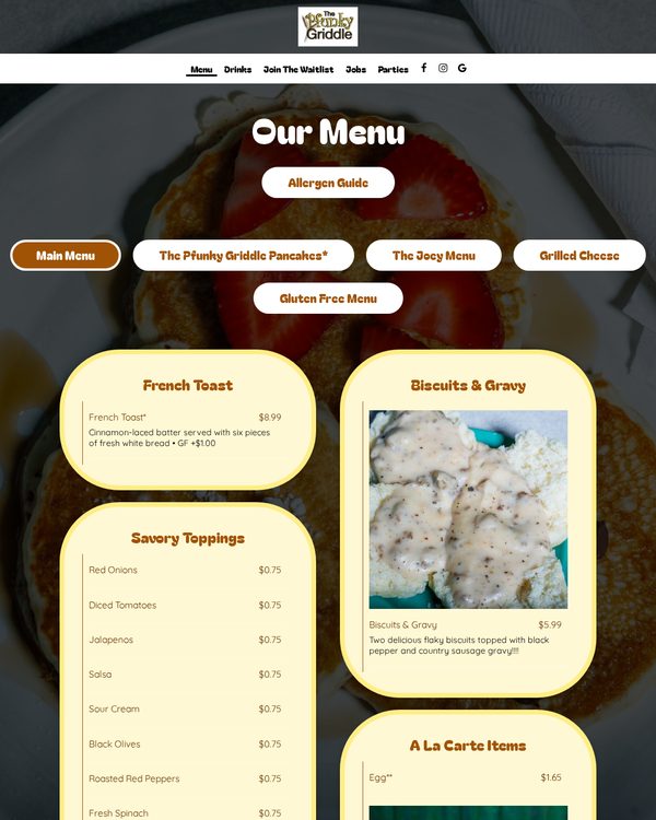 The top of the menu at The Pfunky Griddle