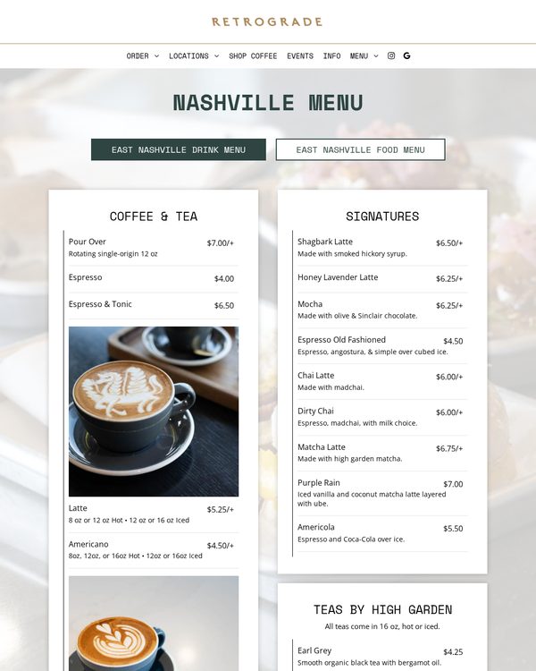 The top of the menu at Retrograde Coffee