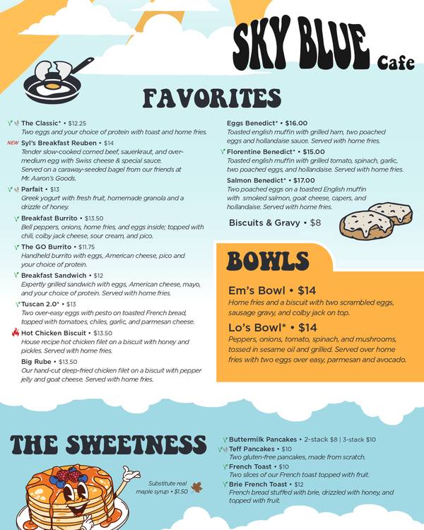 The first page of the menu at Sky Blue Cafe