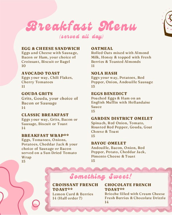 The first page of the menu at Bittersweet Confections