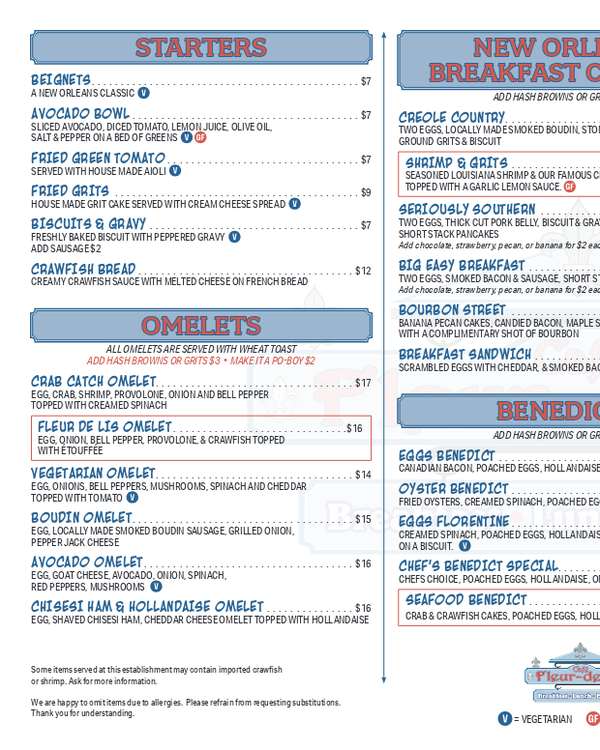 The first page of the menu at Café Fleur De Lis