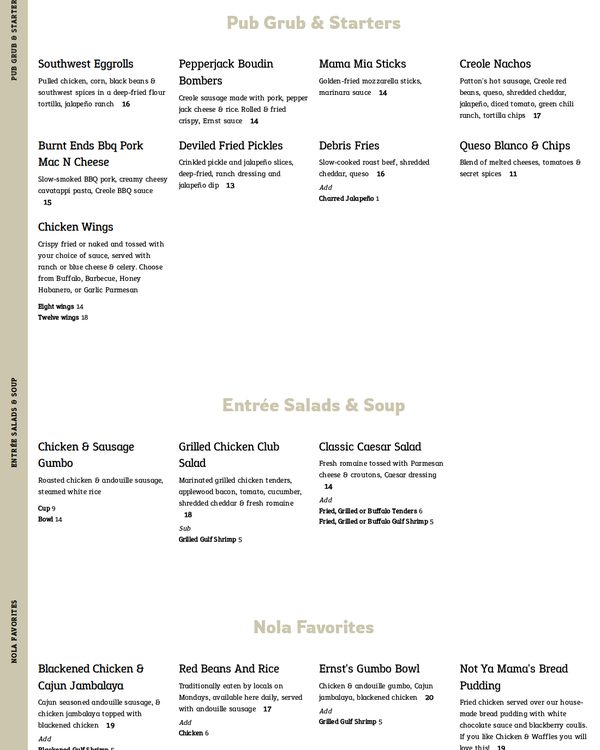 The top of the menu at Ernst Cafe