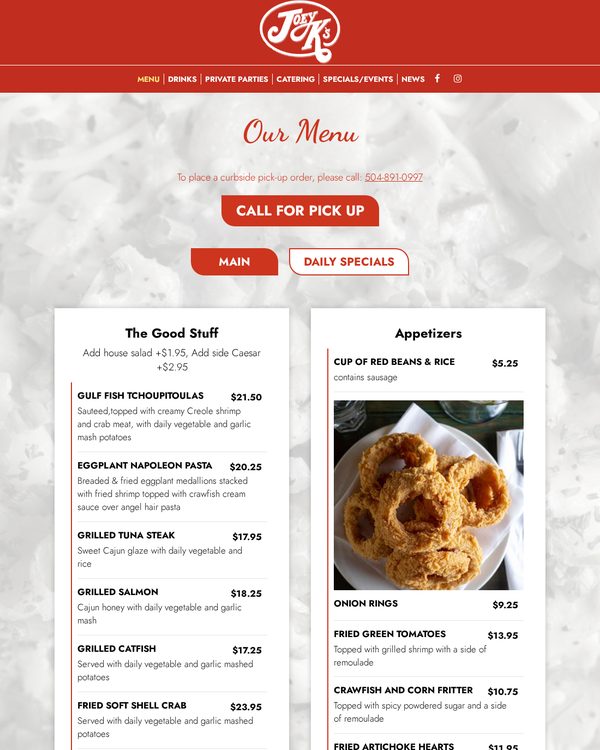 The top of the menu at Joey K's Restaurant & Bar