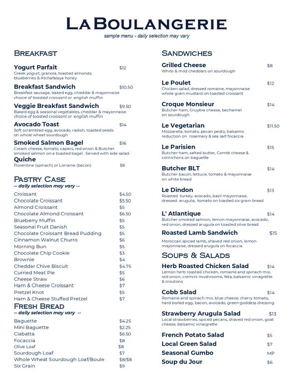 The first page of the menu at La Boulangerie