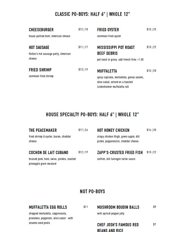 The top of the menu at Mahony's Po-Boys