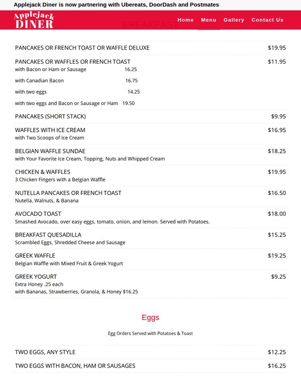 The top of the menu at Applejack Diner
