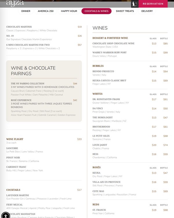 The top of the menu at Ayza Wine & Chocolate Bar