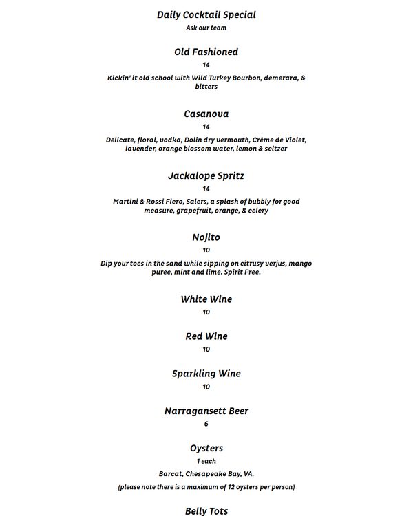 The top of the menu at Bar Belly