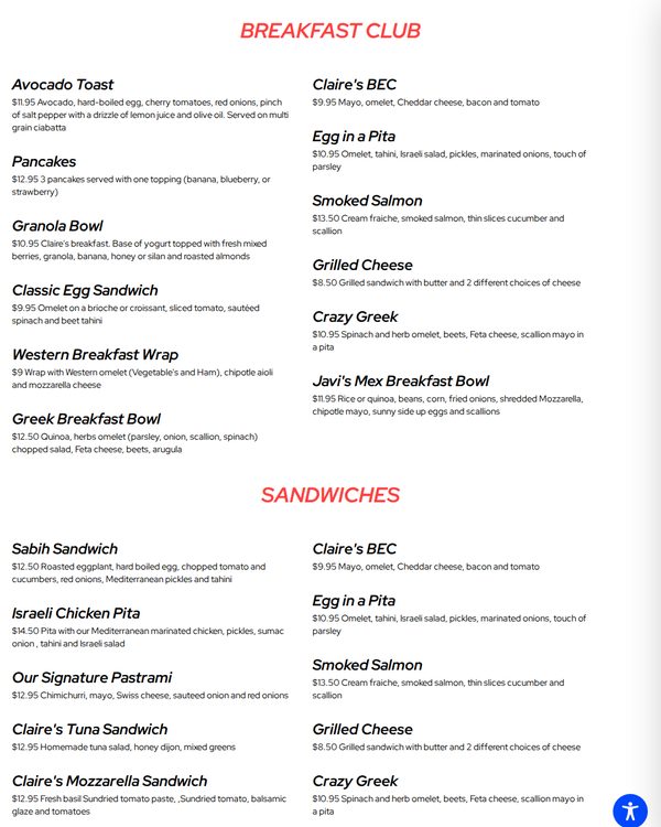 The top of the menu at Claire's Kitchen Cafe