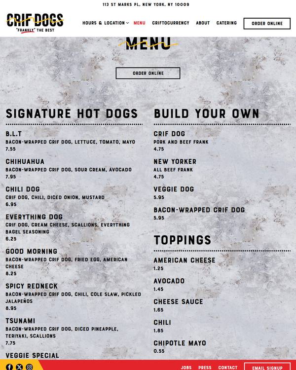 The top of the menu at Crif Dogs