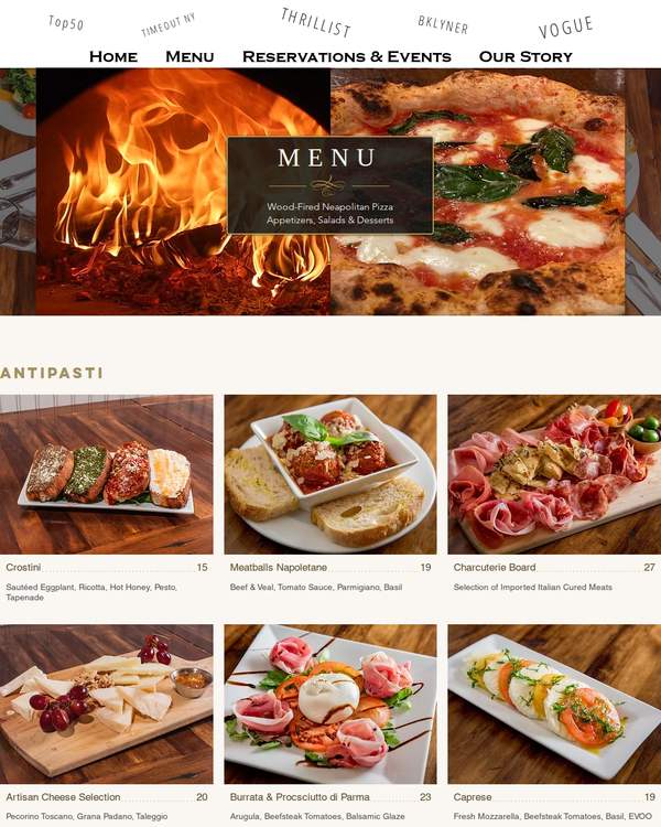 The top of the menu at Dellarocco's Brick Oven Pizza