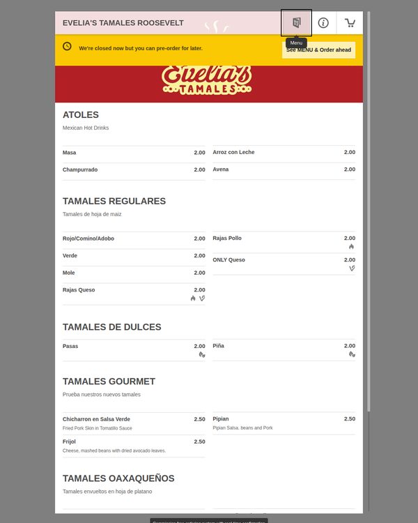 The top of the menu at Evelia’s Tamales
